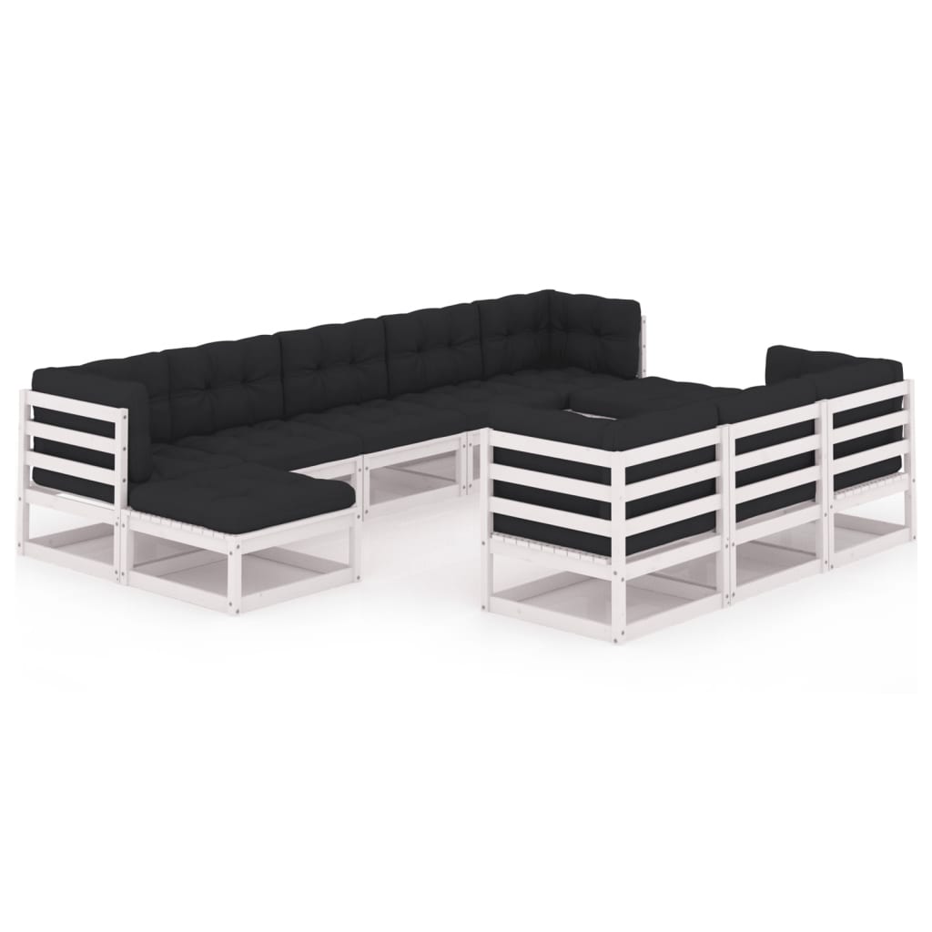 10-tlg. Garten-Lounge-Set mit Kissen Weiss Kiefer Massivholz